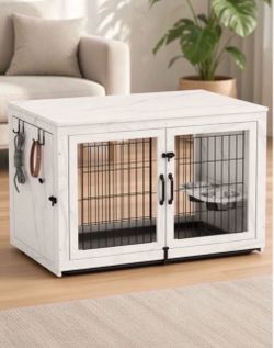 43” Wooden Dog Crate Furniture with 360°Rotatable Removable Dog Bowls, Dog Crate End Table with Tray, Double Doors Dog Kennels for XLarge Dogs