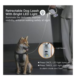 Shele Retractable Anti-Slip Handle & LED Light Nylon Telescopic Luminous Dog Leash, White, 10-ft long, .4-in W