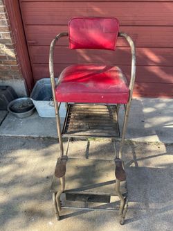 Vintage Metal Step Stool Chair with Red Cushion