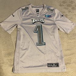 Jalen Hurts – Philadelphia Eagles #1 Silver Nike Super Bowl LVII Patch Jersey, Size: S