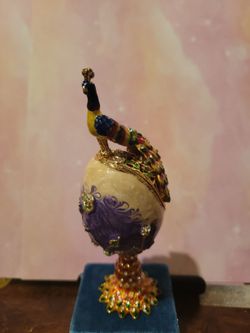 Hand Painted Peacock Enameled Faberge Style Egg Trinket Box A7