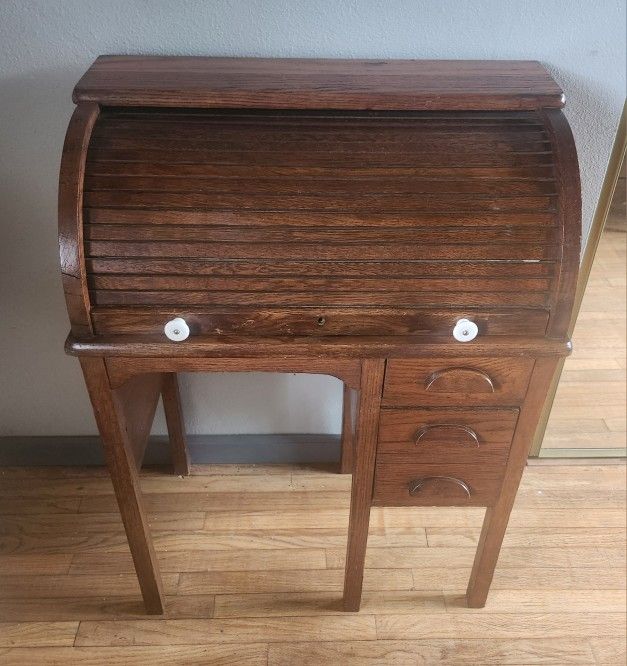 Antique Small  Solid Oak Childs  Roll Top Desk