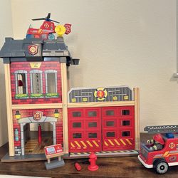 Hape city fire station/ kid pretend toy firefighters fire station, fire truck/ fire helicopter/fire Truck Party Decoration 
