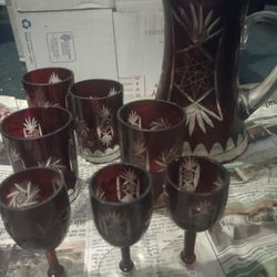 Vintage Czech Bohemian Red Crystal Pitcher And Glass Set