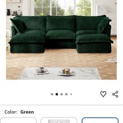 U Shape Sectional Sofa for Living Room, Green Corduroy Modular Cloud Couch with Deep Seat, 3 Seater Sofa with French Edges Design, Comfy Slipcovered S