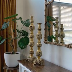 Vintage Filigree Brass Candle Holder Set