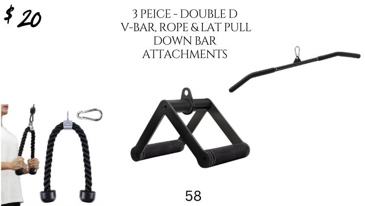 3 PIECE - HOME GUM DOUBLE D V BAR, ROPE &LAT PULL DOWN BAR ATTACHMENTS 