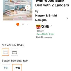 Twin Wood Bunk Bed With 2 Ladders