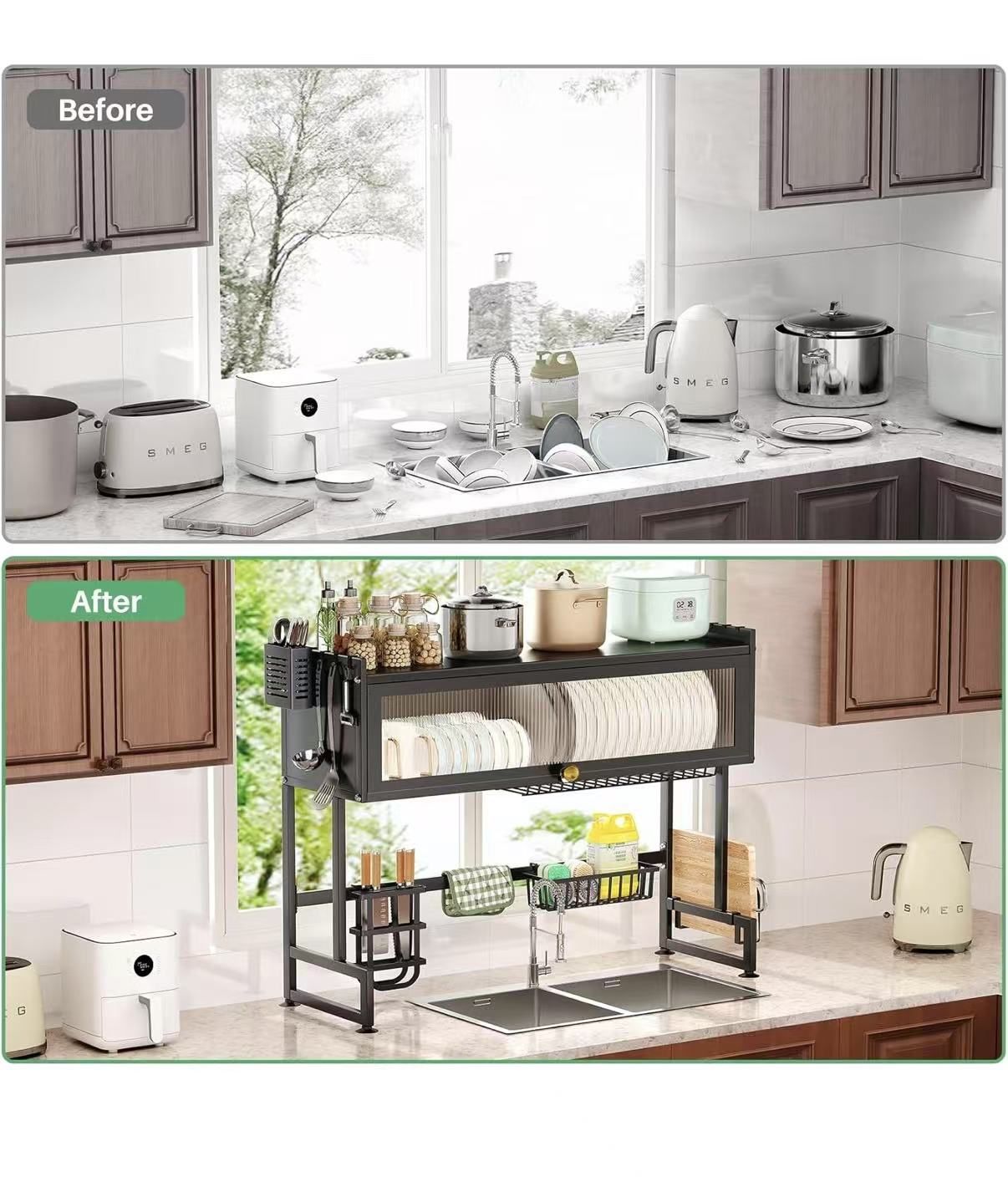 Over The Sink Dish Drying Rack, Dish Drainer Rack for Kitchen Counter with Semi-Clear Cover and Supplies Storage Holders 29.53inch