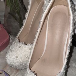 White Pearl Lace Heels