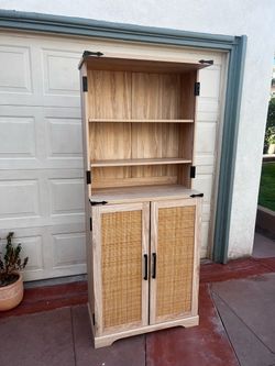 Light Wood Kitchen Storage Cabinet with Rattan Doors