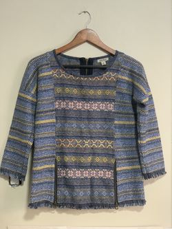 Lucky Brand Escape Fringe Sweater XS Blue Multi Tribal Boho 3/4 Sleeve Zipper Top