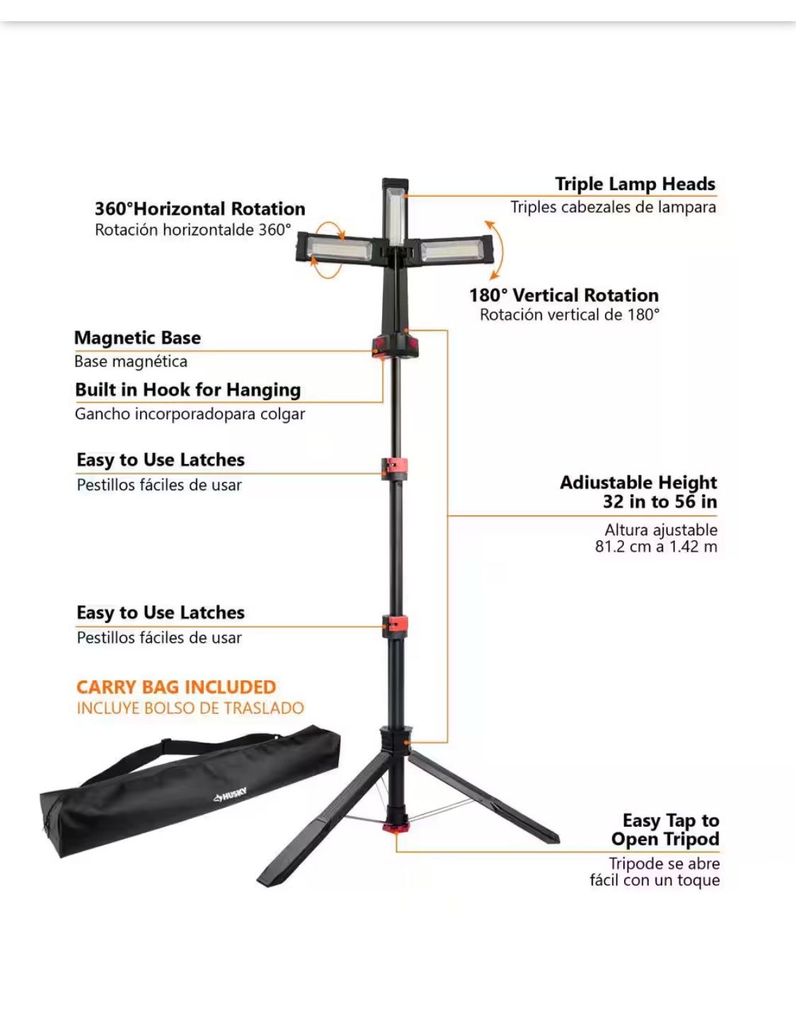 NEW Husky 2200 Lumen Rechargeable LED Work Light w/ Tripod + Detachable Head