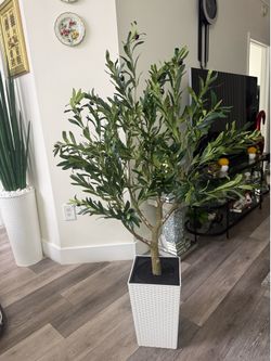 Pretty artificial plant Olive 🫒 tree 5 ft tall comes with tall planter! Brand New