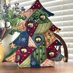 **VTG** Home Interiors Christmas Tree Candle Holder - Metal - Patchwork - Bells