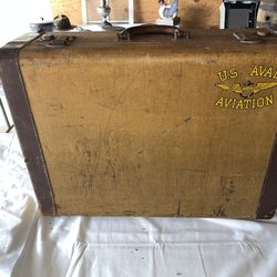Vintage Naval Aviation Large Tweed Suitcase with Leather Trim