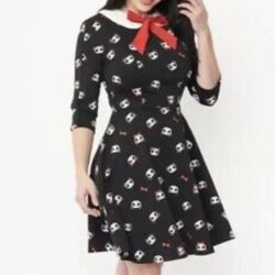 NWT Unique Vintage Whimsigoth Black Panda Wednesday Style Fit & Flare Dress XS 2