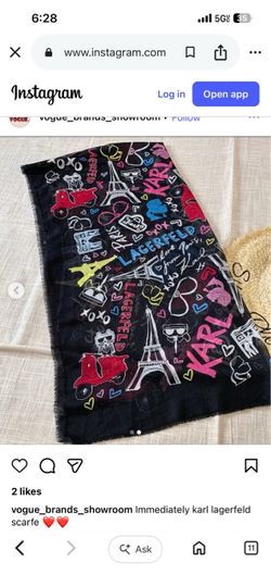 Karl Lagerfeld Black Graphic Scarf with Red, Pink, Blue, Yellow & White Motifs