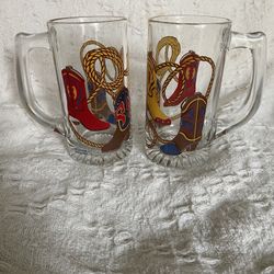 Vintage Culver Texas Glass Beer Mugs (set of 2) Western Boots & Laso (Collectible)