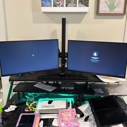 Desk, chair, monitors