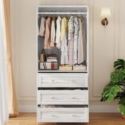 Armoire Wardrobe Closet with Drawers and Mirror, 71" Clothing Storage Cabinet with Hanging Rod, 2 Doors Wooden Wardrobe Cabinet for Bedroom