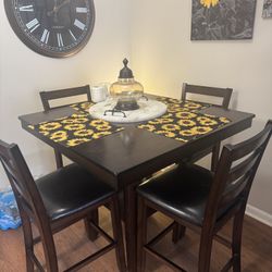 Square Dark Wood Dining Table Set, 4 Faux Leather Chairs, Contemporary Modern