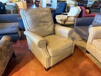 Grey Leather Push Back Recliner Chair with Nailhead Trim