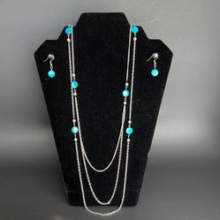 Fashion Costume Layered 33” To 46” Necklace Turquoise Accent & Earrings Jewelry