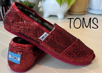 TOMS Red Glitter Classic Youth Slip-On Flats Red