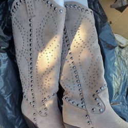 New Beige Suede Tall Boots And Black Wide Cowboy Boots