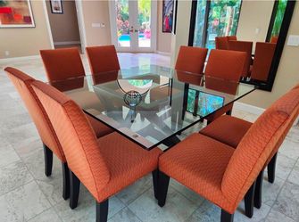 Modern Glass Dining Table with 8 Upholstered Chairs – Excellent Condition