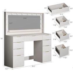 White Vanity Desk with Lighted Mirror and Drawers