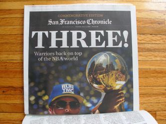 San Francisco Chronicle Newspaper Golden State Warriors 2018 Champions “THREE!” Stephen Curry