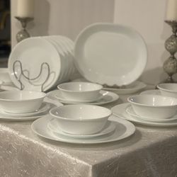 Corelle Vitrelle 32 Piece Service for 8 Dinnerware Set and 2  12.25" Serving Platter Triple Layer Glass and Chip Resistant, Lightweight Round Plates a
