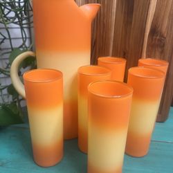 Blendo Glass MCM 7 Piece Candy Corn Pitcher Set 6 Glasses
