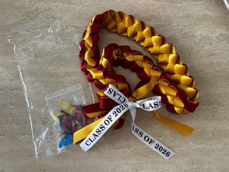 New Graduation Ribbon Lei 2026-Red & Gold Double Heart Design,