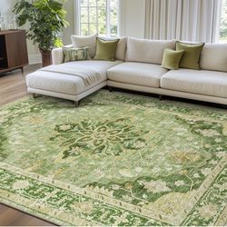 RELEANY Area Rugs 8'x10' Washable Non-Slip, Floral Vintage Distress Print Pattern Medallion Carpet for Living Room Bedroom Dining Room, Sage Green Yel