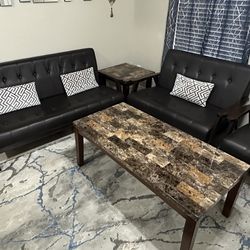 Modern Mid-Century Wood 2 Loveseat Sofas + 1 Accent Chair + 2 Side Tables + 1 Center Table - $500