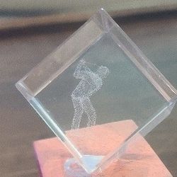 $8  3D laser etched paper weight Golfer - golf swing 1.5 inch cube