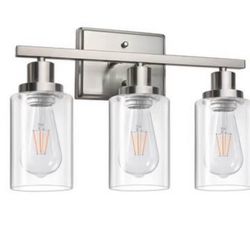 Brand new, in box, 3-Light Brushed Nickel Bathroom Vanity Light Bar with Clear Glass Shades