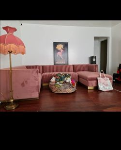 Pink Velvet Sectional Sofa with Gold Base