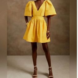 Banana Republic Yellow V-Neck Puff Sleeve Mini Dress