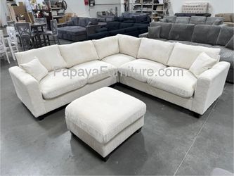 NEW Modern Ivory White Beige Sectional Sofa and Ottoman Set Cream Ashley Style Furniture Warehouse Couch BIG SALE Discount Mid Century Soft Fabric 