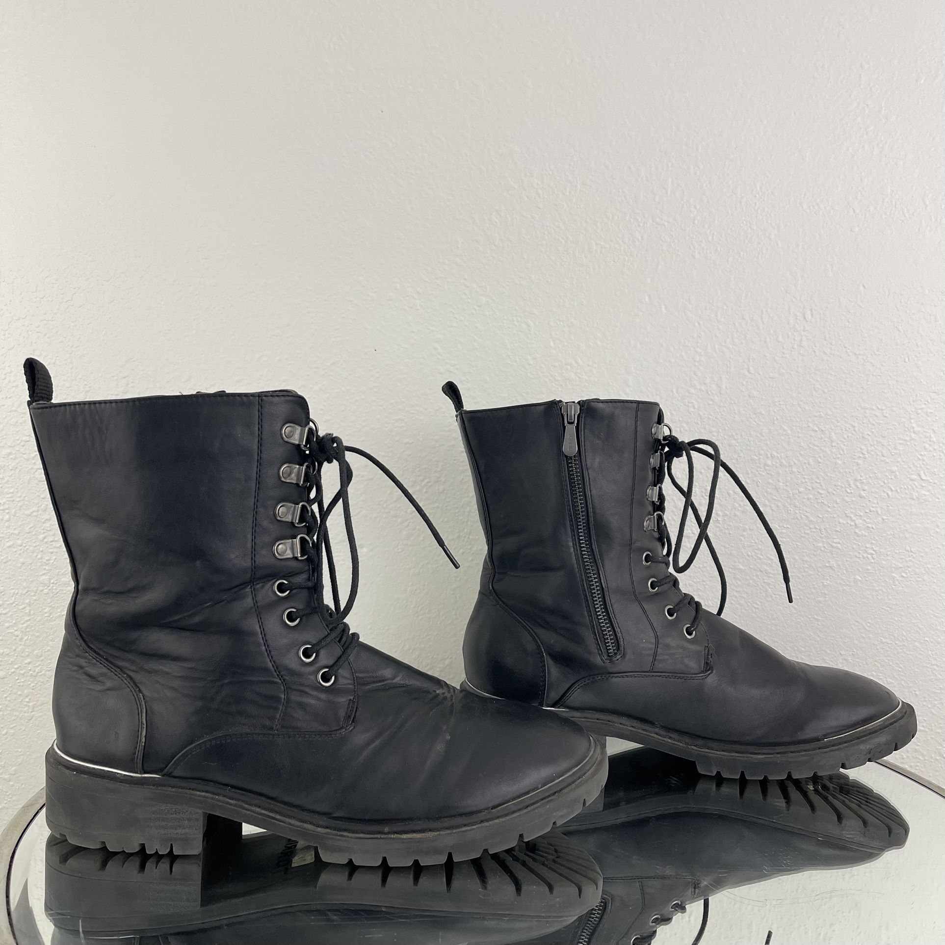 TORRID Black Dark Grey Faux Leather Metal Heel Mid Calf Lace Up