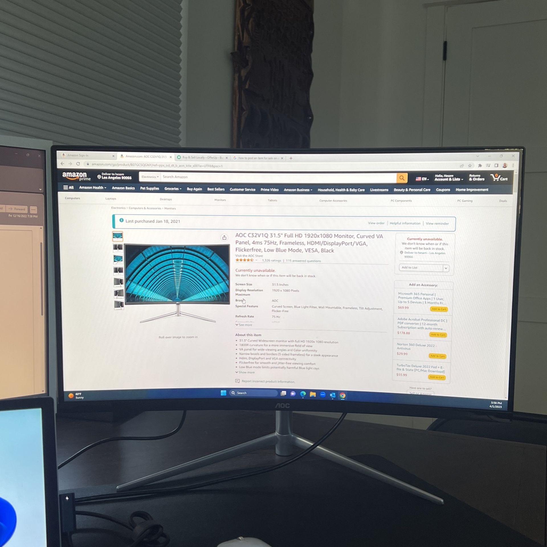 AOC C32v1q 31.5” Full hd 1920x1089 monitor (curved)