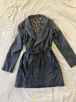 Selé Black Faux Leather Belted Trench Coat w/ Leopard Lining - Medium