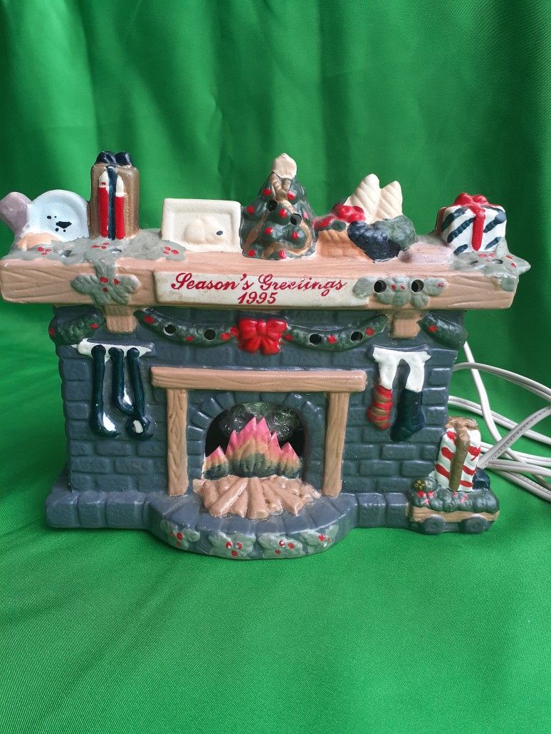 Vintage Lighted Ceramic Christmas Fireplace Figurine