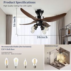 Black Modern Ceiling Fan with Light, 36 inch Ceiling Fan with Light and Remote Control for Bedroom Living Room Kitchen Shop, Adjustable 1-6 Fan Speeds