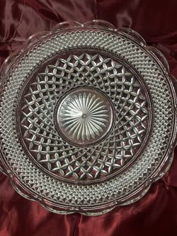 Vintage Anchor Hocking Wexford pattern clear glass serving platter with scalloped rim in a crisscross design. Discontinued. Actual 1962