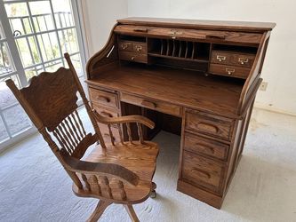 BEAUTIFUL OAK CRAFT ROLL-TOP DESK + MATCHING CARVED CHAIR — $625